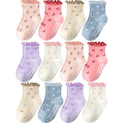 Aroveea Baby Toddler Girls Socks Grip Ruffle Non Slip Girls Cotton 12 Pack Socks for Kids Cute Ankle 6M-7Years