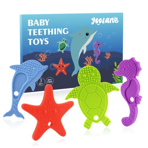 Yoolane Baby Teething Toys Silicone Teethers for Babies 3-24 Months Ocean Sea Animals Teething Relief Chew Toy for Toddler Infant Boy Girl BPA Free Freezable Newborn Stuff Essentials Gift, 4 Pieces