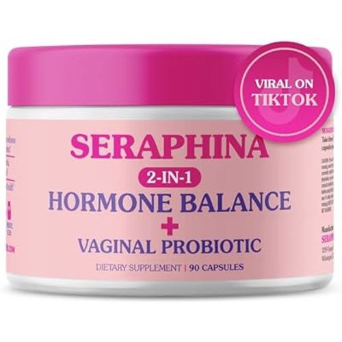 Seraphina Vaginal Probiotics 2-in-1 for Women + Hormone Balance - 90 Capsules Complete Feminine Care, PMS & Urinary Tract Health, Prebiotic Blend, 10 Billion CFU, 6 Strains (90 Count (Pack of 1))