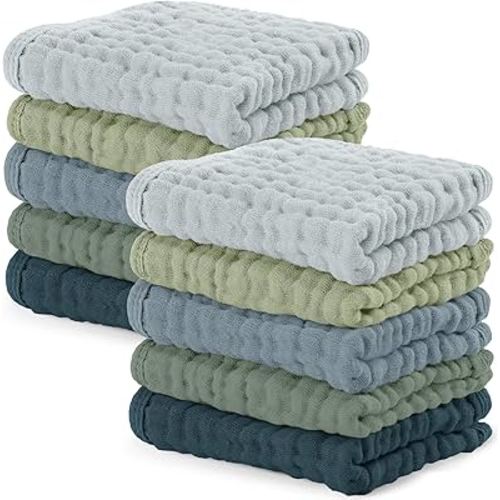 Comfy Cubs Muslin Baby Washcloths 10 Pack - Soft 6-Layer Cotton Wash Cloths for Sensitive Skin - 10"x10" Large, Gentle, Absorbent Infant Essentials for Newborn and Toddlers - Multi Boy