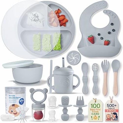 Remonda 23-Piece BPA-Free Silicone Baby Feeding Set | Extra Large Suction Plates, Toddler Bowls, Self Feeding Spoons, and More | Dishwasher Safe| Baby Led Weaning Supplies (Grey) AA