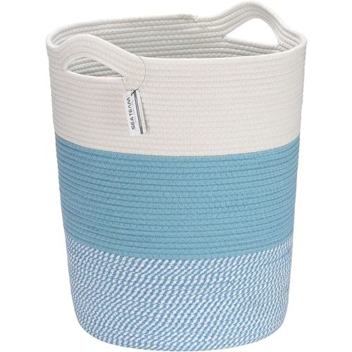 Sea Team Large Size Cotton Rope Woven Storage Basket with Handles, Laundry Hamper, Fabric Bucket, Drum, Clothes Toys Organizer for Kid's Room, 20 x 14 inches, Round Open Design, White & Mottled Blue
