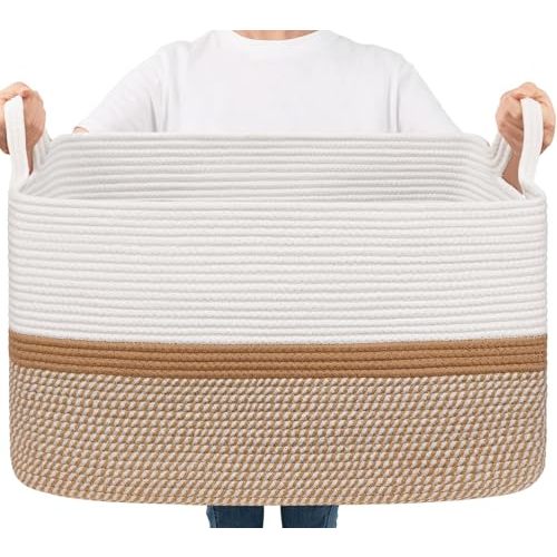 Goodpick Large Woven Blanket Basket 21.6" x 14.9" x 11.8" Storage Baskets for Organizing, Cotton Rope Basket for Home Decor Living Room Nursery, Toy Baskets Storage Kids, White & Camel Mix