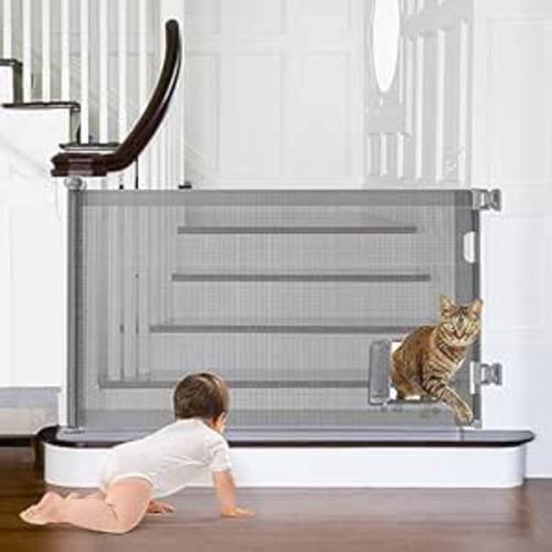 Retractable Baby Gates, Pet Gate with Cat Door - 33" Tall, Extends to 55" Wide Dog Gate for Stairs, Mesh Baby Gate with Door for Cats/Small Dogs, Easy Install for Doorways, Indoor &Outdoor - Gray - 33"Tall*55"Wide with door