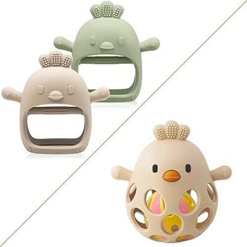 Baby Teething Toy Set for 0-6 6-12 Months, Food Grade Silicone Teething Mitten and Rattle Teething Toy