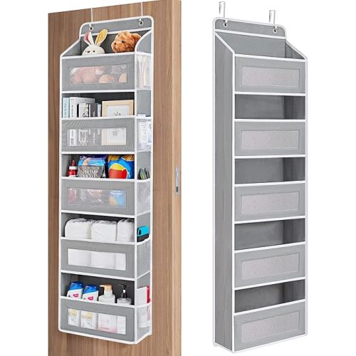 JARLINK Over The Door Organizer Storage, 5 Shelf Hanging Door Organizer with 5 Large Capacity Pockets, Anti Tilt 44 lb Load Behind Door Organizer for Bedroom, Bathroom, Pantry, Nursery, (Grey)
