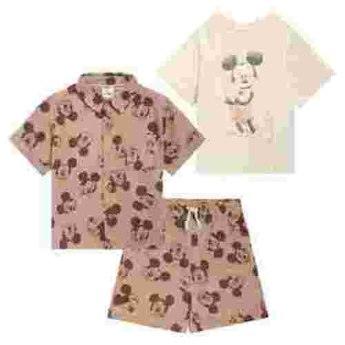 Disney Mickey Mouse Cotton Gauze Button Down Shirt, T-Shirt and Shorts 3 Piece Outfit Set Infant to Little Kid