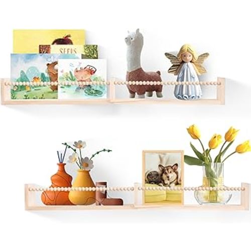 Amazon.com: Nursery Shelves for Wall,Kids Bookshelves Set of 2,Floating Bookshelf Baby Book Toy Display Storage Organizer Decor with Wooden Beads Bar,Preassembled,Natural Pine Wood,32 Inch（Natural Wood） : Home & Kitchen