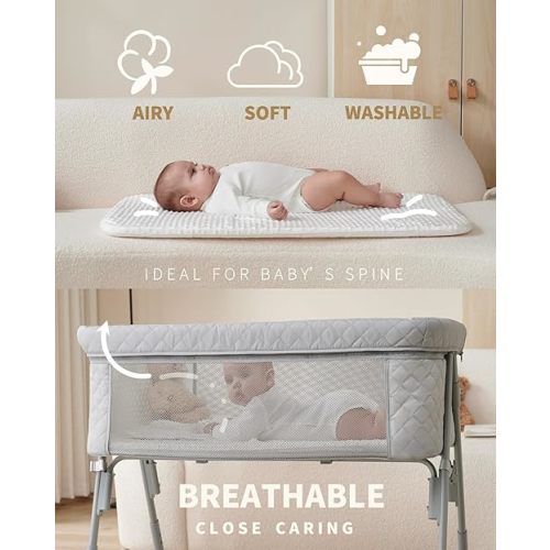 Bassinet Bedside Sleeper, Baby Crib for Newborn, Baby Bassinets Bedside Sleeper with 4 Auto-Lock & Adjustable Height, Breathable Mesh & Mattress, Bedside Bassinet