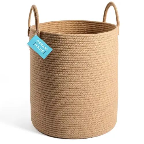 OrganiHaus Laundry Basket, Woven Cotton Rope Basket for Blankets, Toy Storage Basket, Nursery Hamper, Living Room Decor & Organizer Bins, Soft & Durable Hamper with Handles, 15x18 inches - Honey
