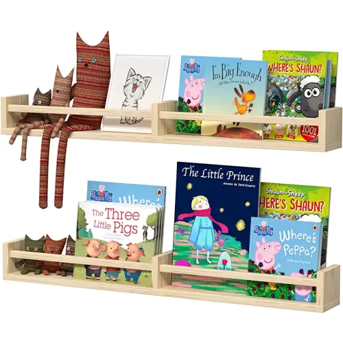 32 Inch Classic Nursery Shelves, Set of 2 Natural Wood Floating Book Shelves for Kids Room, Wall Shelves for Bathroom Decor, Kitchen Spice Rack, Book Shelf Organizer for Baby Nursery Décor (32Lx4W)