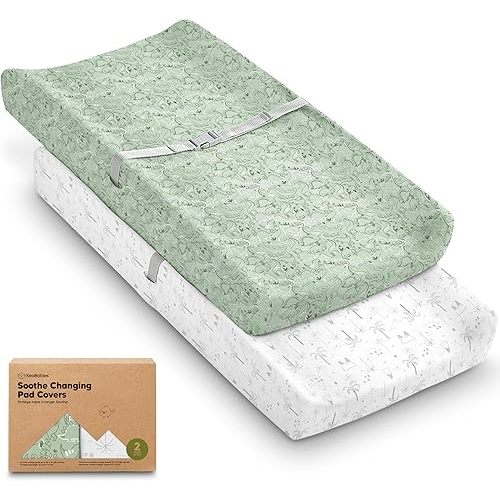 2-Pack Organic Changing Pad Covers for Girl, Boy, Neutral - 100% Cotton Changing Table Pad Cover, Soft Baby Nursery Diaper Changing Pad Sheets, Contour Changing Pads Liners,Change Pad Cover (DinoDood)