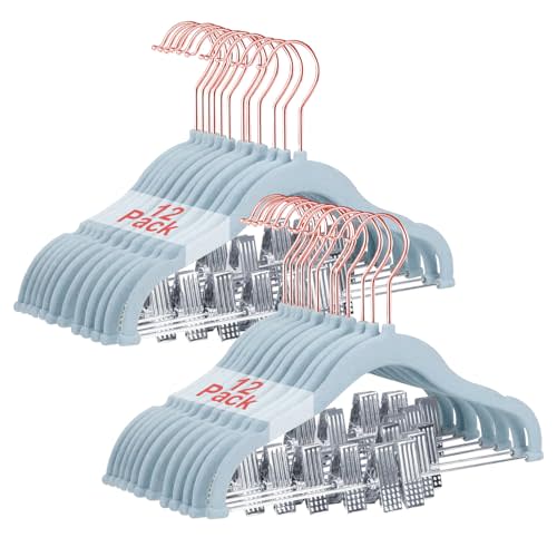 Wellong Baby Hangers with Clips, 24 Packs Kids Velvet Clothes Hangers, Heavy-Duty Childrens Pant Hangers for Shirts, Pants, Skirts, Dresses, Jackets, Coat Blue - Rose Gold Hook