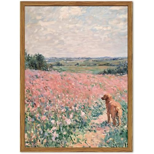 Framed Vintage Wall Art, Rustic Golden in Pink Floral Field Landscape 12x16 inch