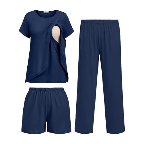 Ekouaer 3 PCS Maternity Nursing Pajamas Set Postpartum Breastfeeding Short Sleeve Shirts, Pregnancy Shorts & Pants Pjs S-XXL