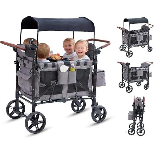 Stroller Wagon for 4 Kids, 4 Seater Wagon Stroller with Snack Tray, Large Storage Bag, Phone Cup Holder, Removable Canopy, Foldable Wagon Stroller 4 Seater with Adjustable Push Handles (Grey)