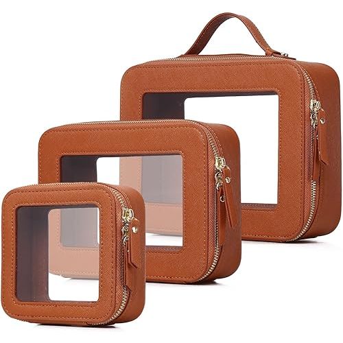 Clear Bag Waterproof Travel Case Toiletries Organizer and Clear Bag with Zipper (X/Brown, L+M+MINI)