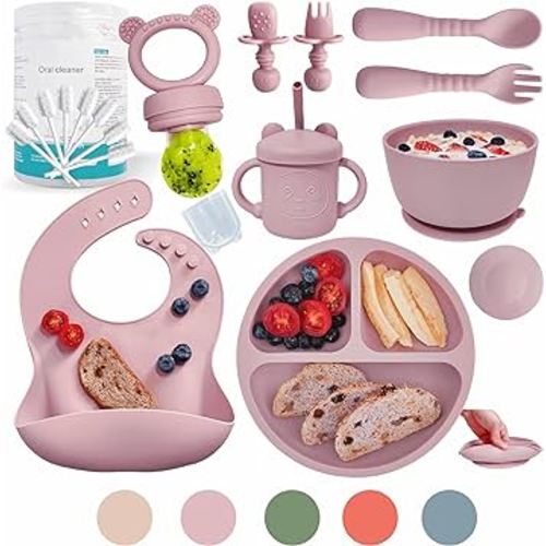 Baby Led Weaning Supplies | Silicone Baby Feeding Set Includes Suction Bowls and Plates, Baby Utensils Spoons and Forks,Cup for Toddler | Babies Eating Dishes Set 6-12 Months(Pink)