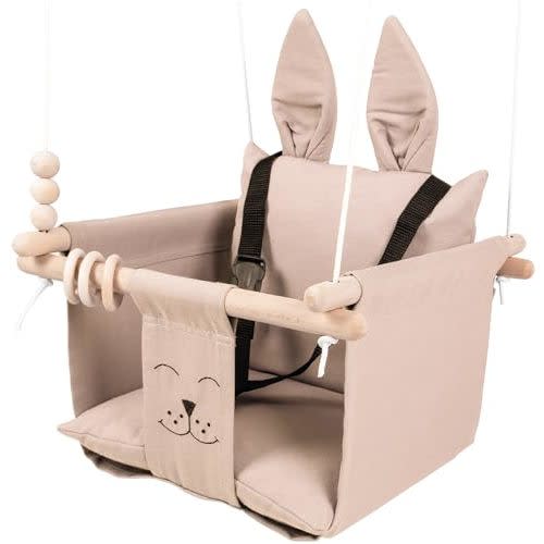 Indoor Outdoor Baby Swing with 3-Point Harness and Hardware for Ceiling, Porch, Doorway, Canvas Baby Swing Outdoor Toddler Swing Seat Milky Coffee