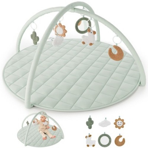 Baby Play Gym & Tummy Time Mat - Soft Cotton Mat with 6 Toys for Boys/Girls - Stylish Activity Playmat for Infant Development & Playroom Decor