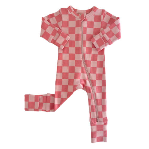 Strawberry/Rosy Checkerboard / Organic 2-Way Zip Romper
