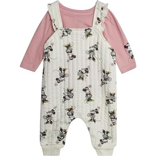 Disney Baby Girls' Minnie Mouse 2 Piece Overall Set - Fleece Romper Long Sleeve T-Shirt Set (Newborn/Infant)