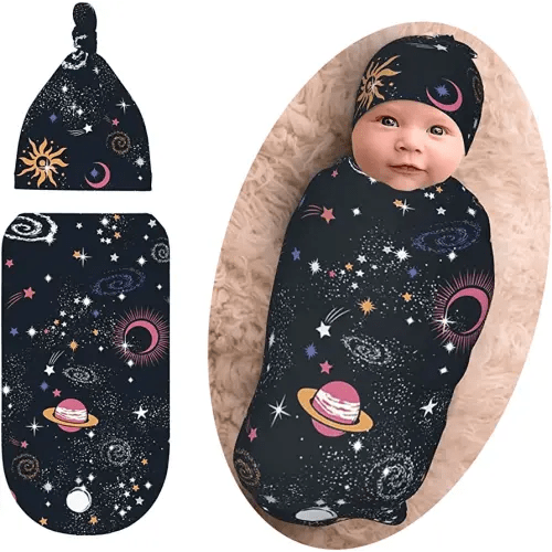 Space Galaxy Newborn Swaddle Blanket with Beanie Set, Soft and Stretchy Baby Blanket Swaddle Sack for Boy and Girl