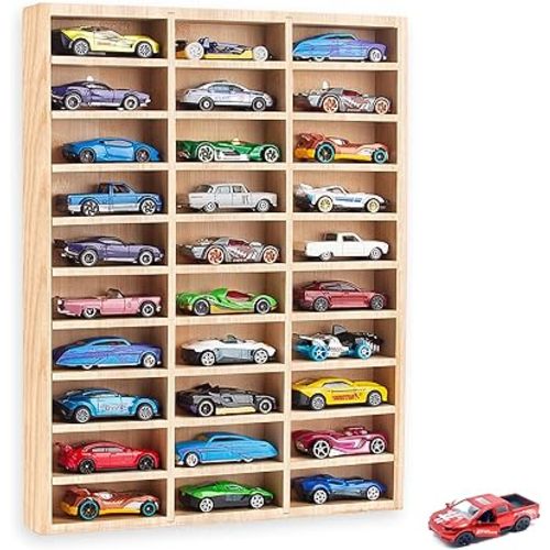 Stylish Wood Toy Cars Display Case with Removable Shelves, Wall-Mountable Organizer for Toy Cars and Matchbox Cars, Includes Hanging Screws (Wood-30 Slots)