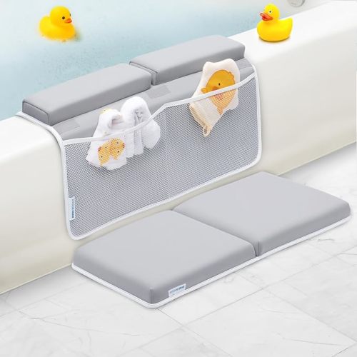 Bath Kneeler and Elbow Rest Pad, 1.75 inch Extra Thick Baby Bath Kneeling Pad and Elbow Pad for Bathtub. Bath Tub Elbow Pad with Infant Toy and Baby Accessories Organizer, Grey - Gray - Large (Pack of 1)