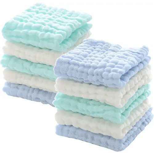 MUKIN Baby Washcloths - Natural Cotton Baby Wipes - Soft Newborn Baby Face Towel for Sensitive Skin- Baby Registry as Shower, 10 Pack 12x12 inches (Green,Blue,White)