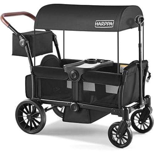 HARPPA 2-Seater Stroller Wagon, Collapsible Push & Pull Wagon Stroller for Kids (6-36 Months) with Adjustable Handlebar, 1-Step Brake, Removable Canopy & Large Storage,Black