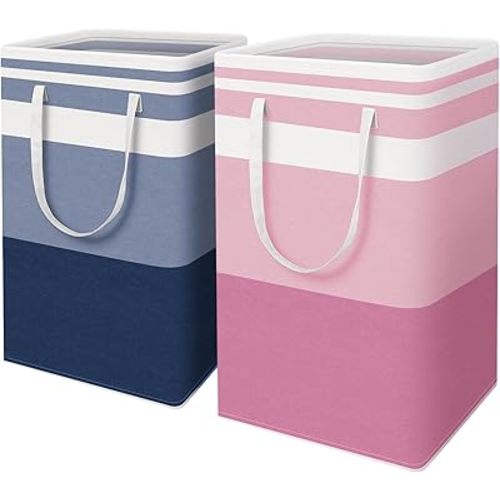 HomeHacks 2 Pack Large Laundry Baskets, Waterproof, Freestanding Laundry Hampers, Collapsible Clothes Hamper with Reinforced Handles in Laundry, College Dorm, Bathroom, Bedroom (Blue+Pink, 88Lx2)