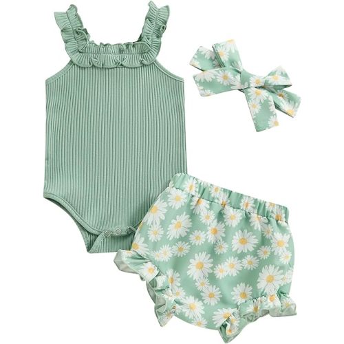 fhutpw Baby Girl Clothes Summer Cute Outfits 3 6 12 18 Months Spaghetti Strap Romper & Floarl Shorts Sets