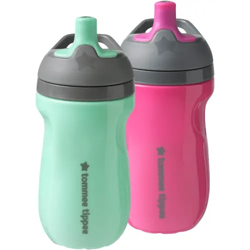 Tommee Tippee Insulated Sportee Bottle, 9oz, 12+ Months, Trainer Sippy Cup for Toddlers, Spill-Proof, Easy to Hold Handle, Pink & Mint, Pack of 2