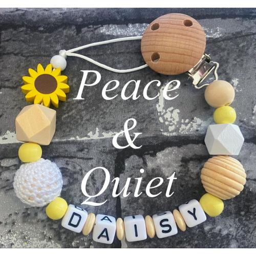 Personalised dummy clip | wooden dummy chain | wooden pacifier clip for a girl | lemon yellow colours | chunky sunflower dummy clip | girl