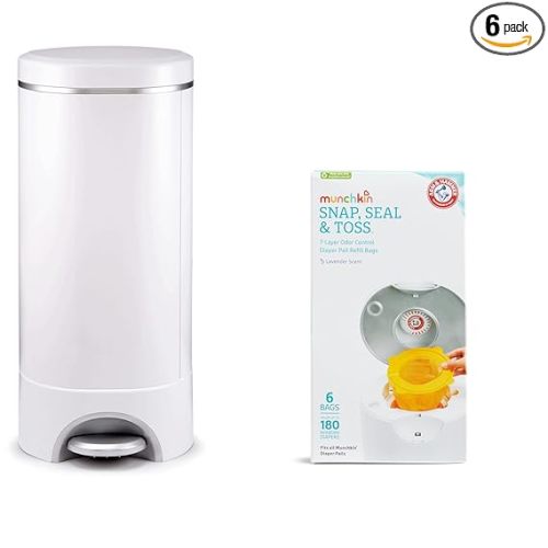 Munchkin® STEP™ Diaper Pail Powered by Arm & Hammer, #1 in Odor Control, Award-Winning, Includes 7 Snap, Seal & Toss™ Bags, 1 Starter Refill Ring, and 1 PUCK™ Baking Soda Cartridge