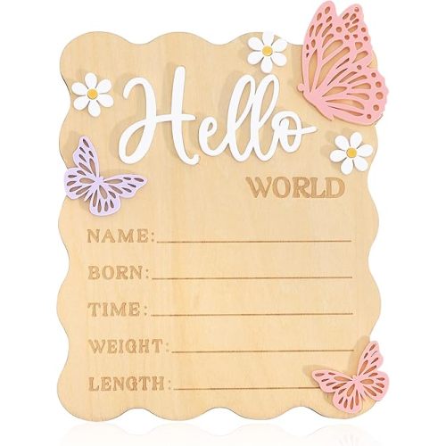 Butterfly Daisy Hello World Board - Little Butterfly Birth Announcement Sign,Wooden Hello World Card for Hospitals,Newborn Birth Information Record Board,Daisy Nursery Decorations Photo Props