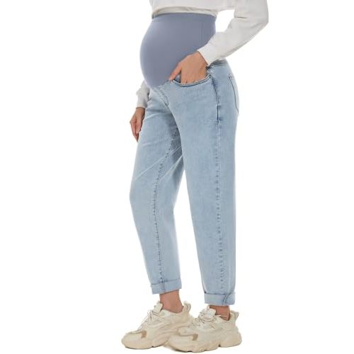 POSHGLAM Women's Maternity Jeans Over Belly Comfy Stretch Boyfriend Jeans Loose Pregnancy Pants, S-XXL