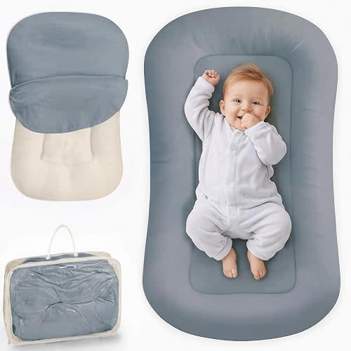 Infant Support Cushion - Baby Lounger for Newborn, 0-24 Months, Breathable Cotton Fabric Infant Support Cushion, Portable Newborn Essentials for Home and Travel, GrayishBlue (Cover Included)