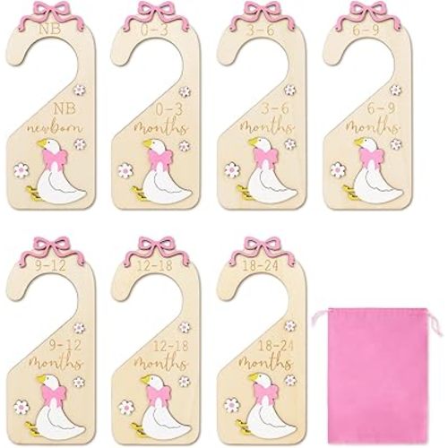 7Pcs Goose Wood Baby Closet Size Dividers with Storage Bag Pink Bow Goose Hanging Closet Organizer Newborn to 24 Month Infant Wardrobe Organizer for Home Nursery