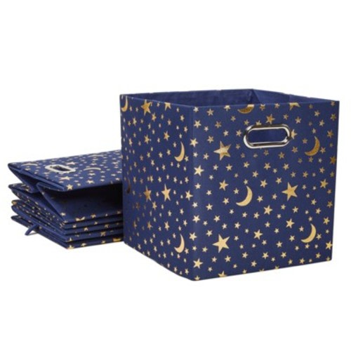 Okuna Outpost 4 Pack Fabric Storage Cube Bins, Cube Organizer, Blue with Gold Moons and Stars