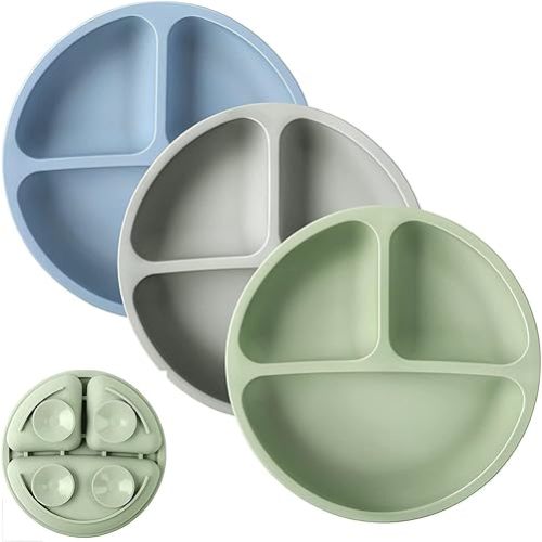 Toddler Plates 3 Pack - Suction Plates for Baby - 100% Silicone Baby Plates - BPA Free - Microwave and Dishwasher Safe - Divided Design - Blue,Green&Grey