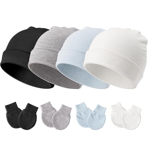 DRESHOW BQUBO Baby Newborn Hats with Scratch Mittens for Unisex Preemie Newborn Hats Hospital Hat for Boys Girls 0-6 Months
