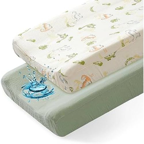 Basumee Muslin Changing Pad Cover Waterproof 2 Pack Baby Changing Table Covers for Boys and Girls Soft Breathable Nursery Diaper Change Table Cover Pad Fits 32"x16", Green