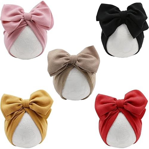 DRESHOW BQUBO 5 PCS Baby Cotton Hats Big Bow Knotted Headwrap Turban Baby Infant Beanie Baby Girl Soft Toddler Cap for Winter