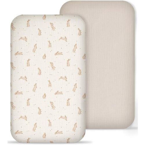 Muslin Bedside Bassinet Sheets 2 Pack, 33x20 Fitted Ultra Soft & Breathable Bedside Sleeper Sheets, Ideal for Baby Girl and Boy, Perfect for Newborns (Hopping Bunnies & Beige)