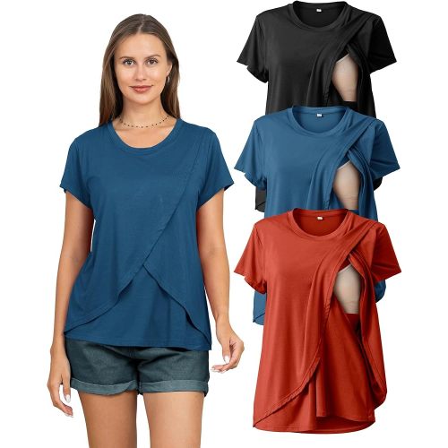 Rnxrbb 3 Pack Women's Nursing Tops for Breastfeeding Summer Short Sleeve T Shirts Postpartum Double Layer Clothes