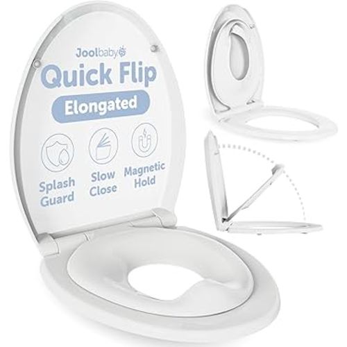 Quick Flip Elongated Toilet Seat with Built-In Potty & Splash Guard for Toddler Training, Slow Close - Jool Baby