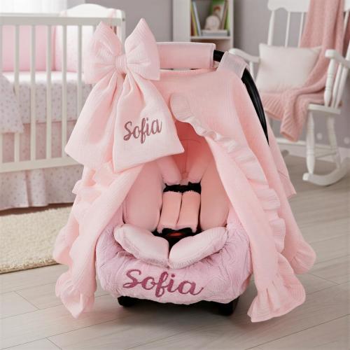 Personalized Pink Muslin Baby Car Seat 6pc Set - Embroidered Bow and Minky Liner - Breathable Summer Canopy - Head & Body Support Insert