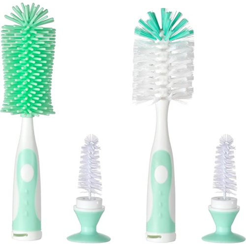 Multifunctional Cleaning Brush, Baby Bottle Brush, Bottle Brush Cleaner (Rotate The Suction Cup to Obtain The Small Bristle Brushes) Set Z, Green, Silicone and Nylon Brush
